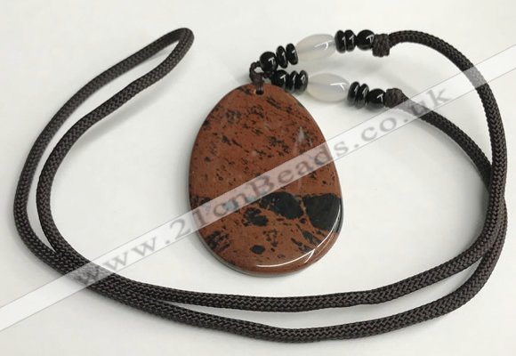 NGP5618 Mahogany obsidian flat teardrop pendant with nylon cord necklace