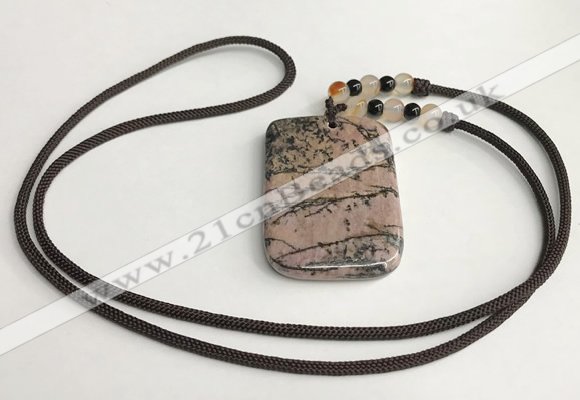 NGP5625 Rhodonite rectangle pendant with nylon cord necklace