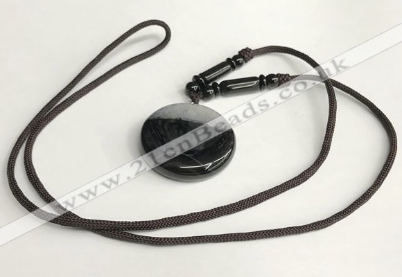 NGP5663 Agate flat round pendant with nylon cord necklace