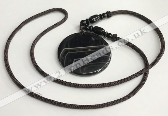 NGP5676 Agate flat round pendant with nylon cord necklace