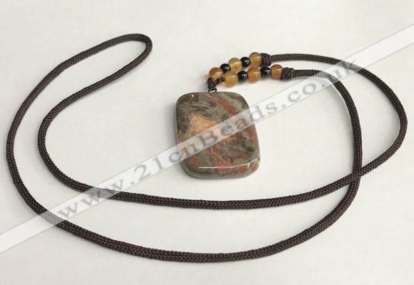 NGP5691 Rainforest agate rectangle pendant with nylon cord necklace