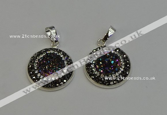 NGP6274 22mm flat round plated druzy agate pendants wholesale