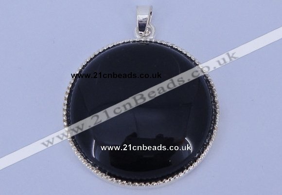 NGP651 5pcs 6*33mm flat round black obsidian with brass gemstone pendants